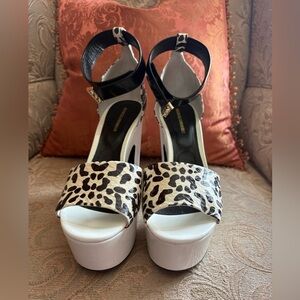 Nicholas Kirkwood Leopard Print Platform Heel Sandals in Black and White